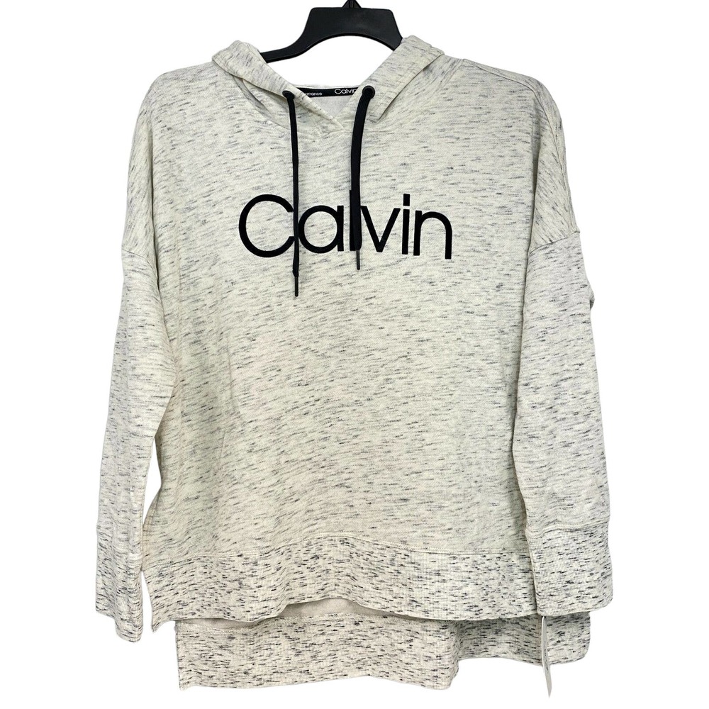 Calvin Klein Womens Heather Gray Velvet Logo High Low Hoodie Top Size XL $59